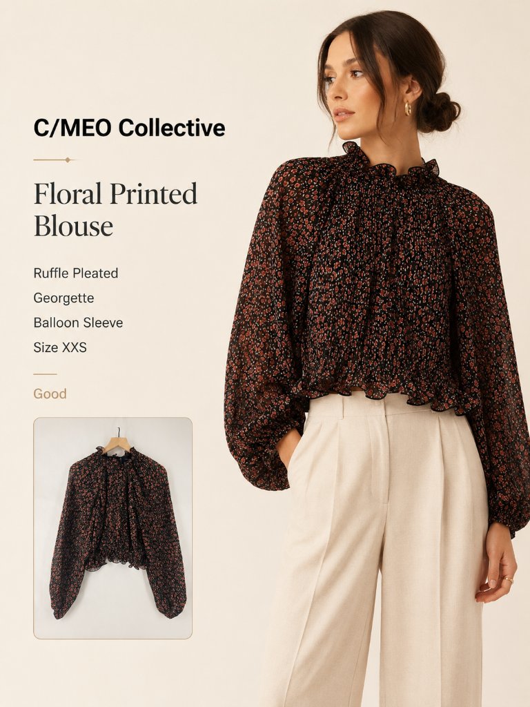 C/Meo Collective Floral Printed Ruffle Pleated Georgette Balloon Sleeve Blouse